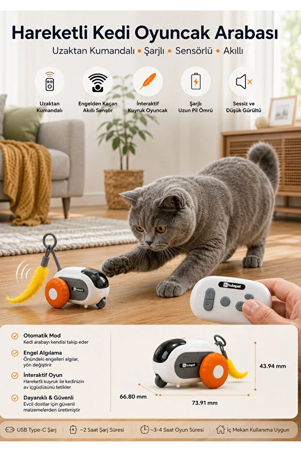 Hareketli Kedi Oyuncak Arabası | Uzaktan Kumandalı, Şarjlı, Sensörlü, Akıllı Oyuncak, 2 Başlıklı (H210)